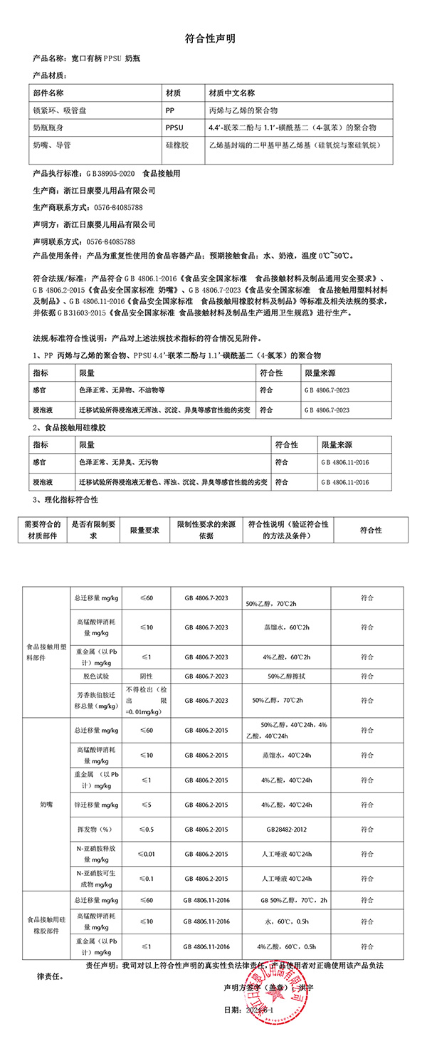 ppsu奶瓶符合性聲明2024